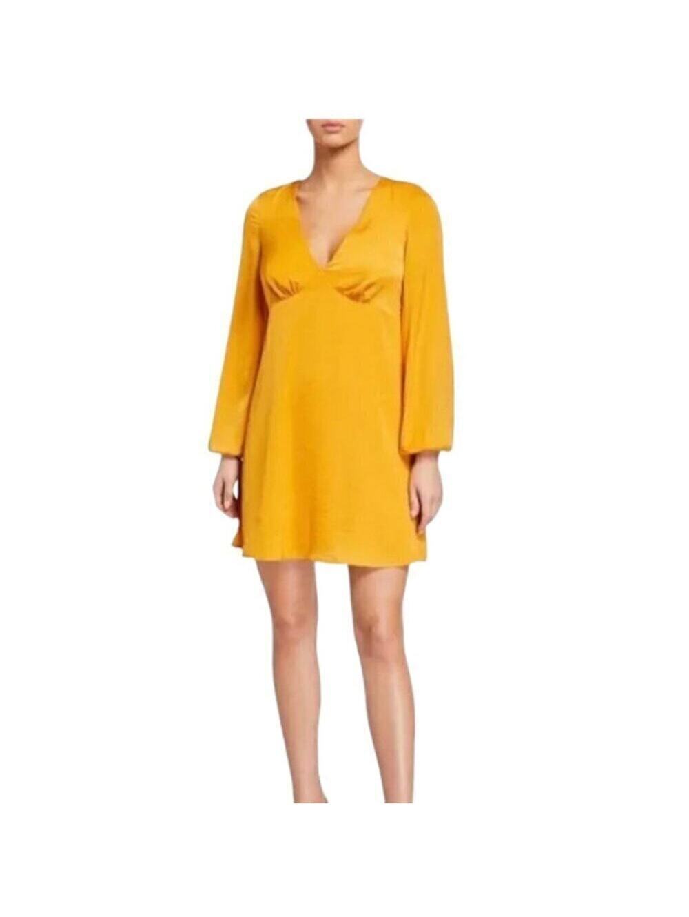 BCBGeneration Mustard Yellow Balloon Sleeve V-Neck Silky Dress Size 8